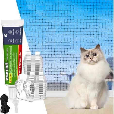 Filet Chat Balcon sans Percer Renforcé, 3×2M 4x2M 5×2M 6x2M 8x2M 10x2M 4x3M 6x3M 8x3M 10x3M 12x3M 16x3M Filet Protection Chat avec Crochets Adhésifs, Silicone,Filet de Balcon (1/5)