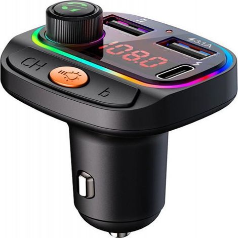 Transmetteur FM - Bluetooth 5.0 - Chargeur Voiture - 2 Ports USB - Port USB-C - Appels Mains Libres - Éclairage RGB (1/5)