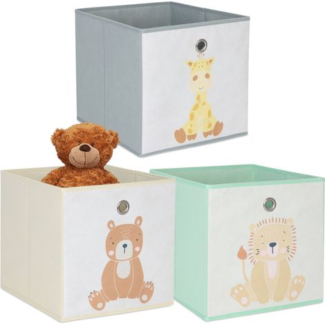 Relaxdays set 3 cajas plegables con motivos animales para niños, estanterías cúbicas, 30x30x30 cm, textil multicolor