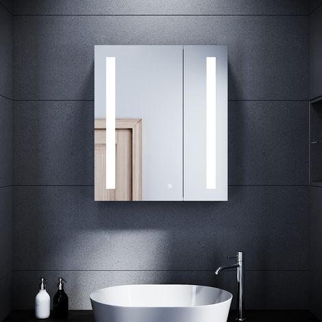 SONNI LED Spiegelschrank Badezimmerspiegel Touch Steckdose Edelstahl 60x70cm Kabelloses Scharnier Design (1/5)