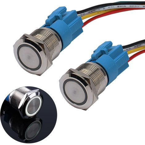 2 boutons pression étanches 19mm 12V à 24V 3A - Auto-bloquant - En métal - Interrupteur marche/arrêt avec voyant LED IP66-1NO 1NC Latching Button Switch pour bateau, camion, voiture (blanc) (1/5)