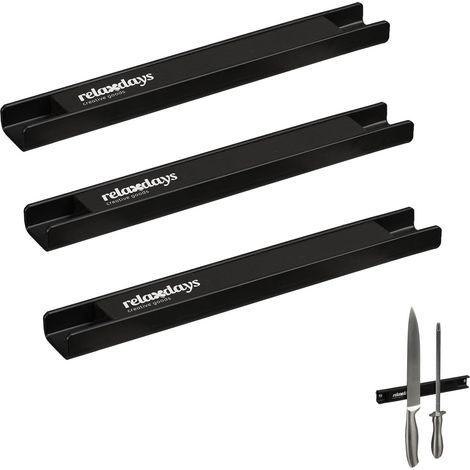 Barre magnétique, Lot de 3, Porte-ustensiles, Outils, 20 cm de Long, Range-Couteaux, Montage Mural, Noir (1/5)