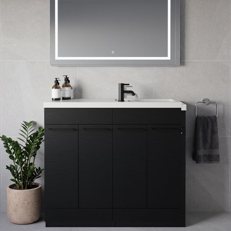 Napoli 250 Nero Oak 1000mm 4 Door Vanity Unit with Square Silvo Basin - 1000mm - Matt Black 160mm Handle