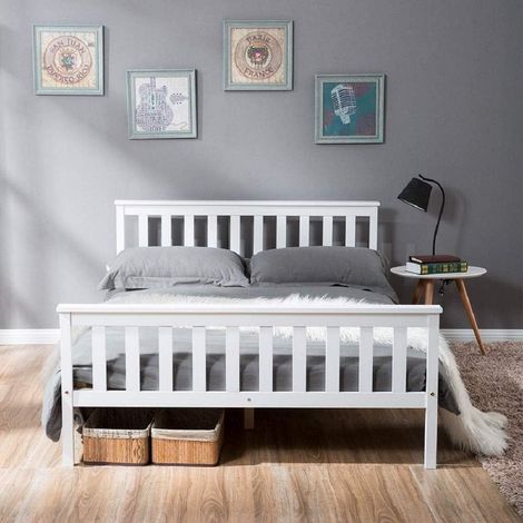 Solid pine wood double bed with slatted base for adults, children, teenagers, bedroom, dormitory (140 x 200 cm) (1/5)