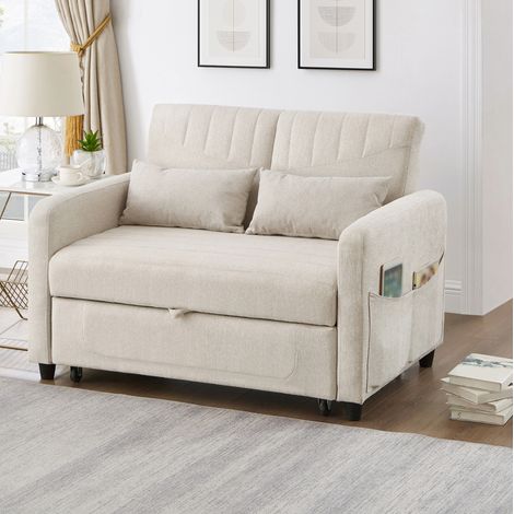 Sofá cama 166x95 cm beige en algodón y lino con respaldo ajustable y diseño extensible (1/5)