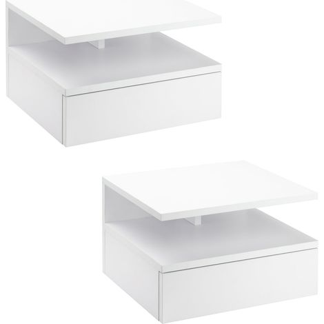Lot de 2 tables de chevet murales 35 x 32 x 22,5 cm tiroir et niche gain de place moderne en panneau de particules blanc 210001453 (1/2)