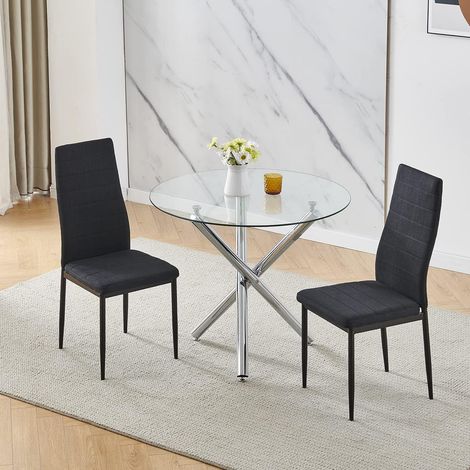 90x90 Round Table and Chairs, Round Glass Table with Chairs, Dining Table Set of 2/4 (Linen, Black, With 2 Chairs) (1/5)