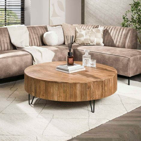 Table basse ronde en bois de manguier strié Ø120 cm CREEK (1/4)