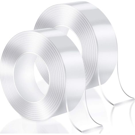 Lot de 2 rouleaux de 6 m de ruban adhésif double face transparent nano, multifonctionnel, réutilisable, lavable et non marquant.