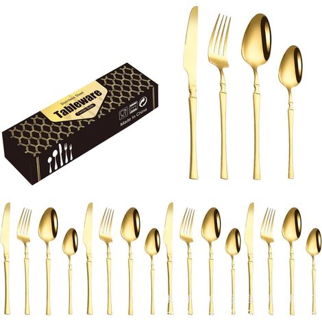 Ensemble de couverts en acier inoxydable à damier 24 pièces pour 6 personnes - Noir, cuillères, fourchettes, couteaux et cuillères à café (1/5)