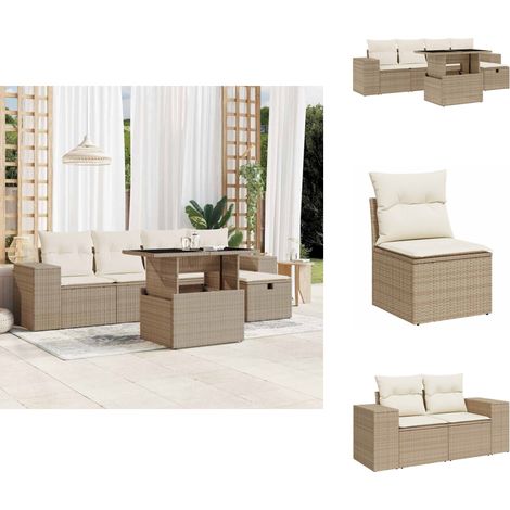 Salon de jardin avec coussins 6 pcs beige résine tressée - Ensemble Salon De Jardin - Mobilier De Jardin - Table Extensible - Chaise Lounge - Set De Jardin (1/5)
