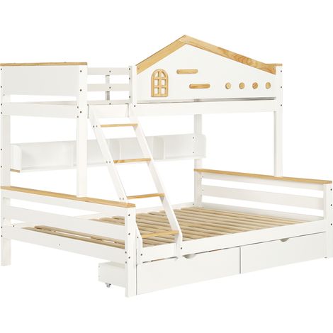 Lit superposé pour enfants, avec barrière de sécurité contrastée, deux tiroirs, fenêtre, échelle inclinée à quatre marches, étagère ouverte, pin+MDF, blanc+naturel, 90x200cm&140x200cm (1/5)