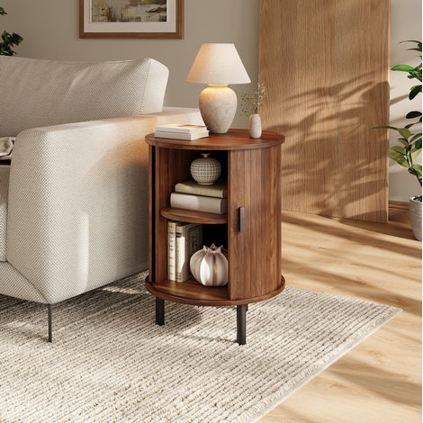 Mesa auxiliar redonda de 48x48x65 cm con puerta corredera, estante interior, MDF y tablero de partículas de nogal. (1/5)