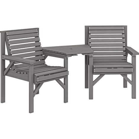Outsunny Wooden Garden Love Seat w/ Coffee Table Partner Bench Light Grey (1/5)
