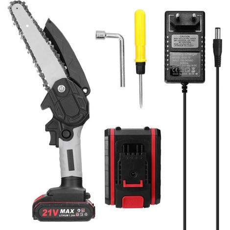 Mini motosierra de 21 V, batería de 1200 mAh, motosierra eléctrica inalámbrica de 6 pulgadas, con 2 baterías de 1200 mAh, mini motosierra eléctrica, cadena (1/4)