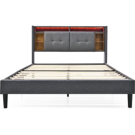 Cama doble 160 x 200 cm gris con cabecero con almacenaje, USB y LED, estructura HOMVRA (1/5)