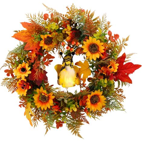 Couronne porte automne 45 cm tournesol, érable abeille lumineuse, déco murale intérieur extérieur (1/5)