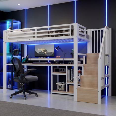 Cama alta juvenil 90x200 cm, con armario escalera, estante, carga USB y Tipo C, metal y MDF blanco (1/5)