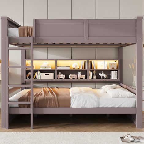 Lit superposé 160x200cm marron avec espaces de rangement et éclairage LED intégré lit enfant chambre confortable pratique (sans Matelas) (1/5)