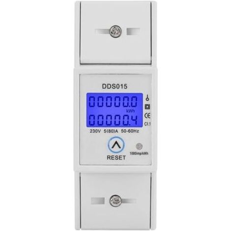 Compteur d'Énergie Monophasé 5-80A 230V 50Hz Compteur d'Énergie Monophasé de Rétroéclairage LCD, Compteur KWh Montage sur Rail DIN DDS015, Mètre Watt KWh(230V 5-80A 50Hz) (1/5)