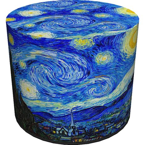 Pouf in velluto, Bertoni, stampa Notte stellata di Van Gogh - pouf decorativo rotondo, per soggiorno, cilindro 40 cm, elegante, cerniera (1/5)