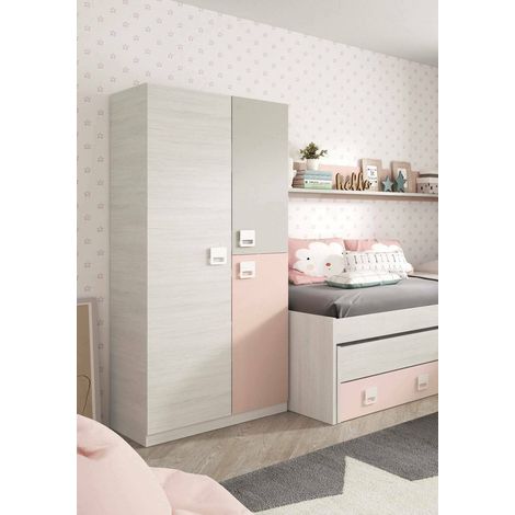 Dmora Guardarropa Manchester, Armario dormitorio, Mueble con 3 puertas y 3 baldas con barra perchero, cm 90x52h200, gris y rosa, con embalaje reforzado (1/5)