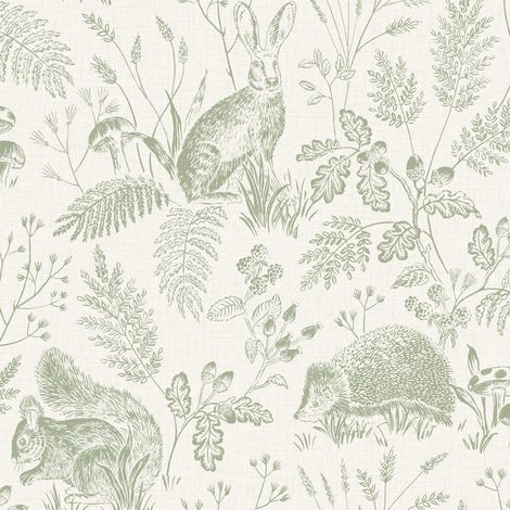 Woodland Animals Wallpaper Sage Green White Natural Rabbits Trees Feature Wall (1/4)