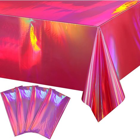 Set aus 4 rechteckigen Tischdecken aus schillerndem, leuchtend pinkfarbenem Kunststoff, laserbedruckt mit holografischem Effekt, ideal für Partys (Geburtstag, Hochzeit, Weihnachten), 137 x 274 cm...