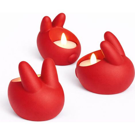 Bougeoirs lapin de Pâques rouges, lot de 3, avec bougie chauffe-plat LED
