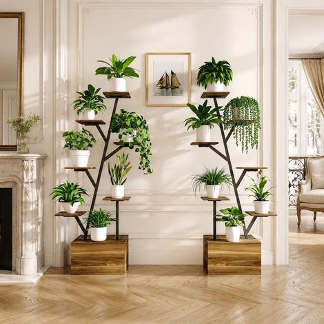 Set di 2 scaffali portapiante con lampada da coltivazione, 140x40x30 cm, scaffale per piante con mobile contenitore, struttura metallica a 8 ripiani, noce (1/5)