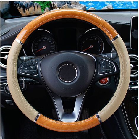 Housse de volant voiture taille moyenne, motif croissant litchi, finition grain de bois, accessoire intérieur auto universel (1/3)