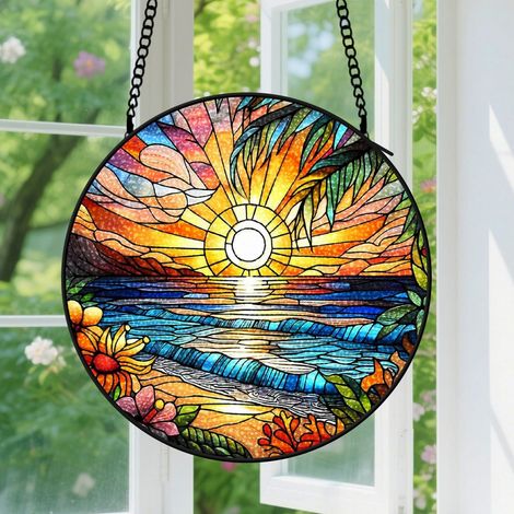 9cm Suspension en Vitrail, Attrape-Soleil Élégant Minimaliste Unique Coloré Artistique pour Maison Porte, Cadeau Fête des Mères (1/5)