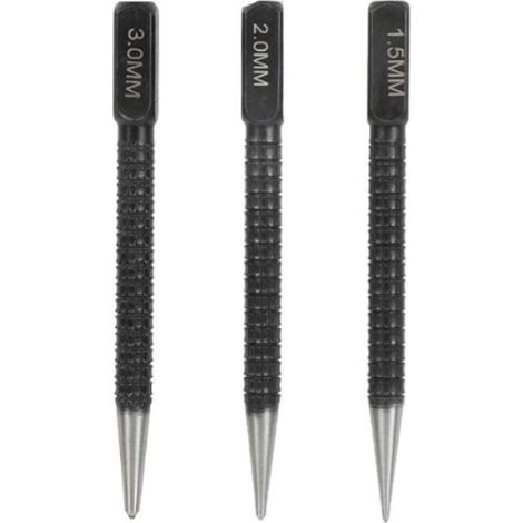 Set of 3 center punches, 3 x 100 mm, tip diameter 3 mm, 2 mm, 1.5 mm, knurled body, carbon steel marking tools, polished ends (1/5)