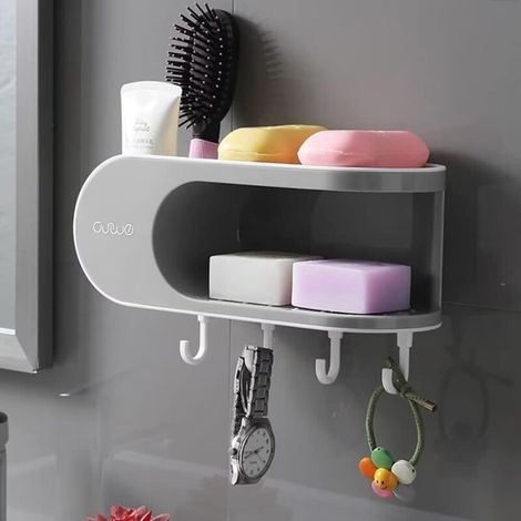 Jabonera sin taladrar, soporte de jabón de 2 niveles, cesta de ducha colgante, jabonera de pared para la ducha, estante de ducha impermeable - Crezuo