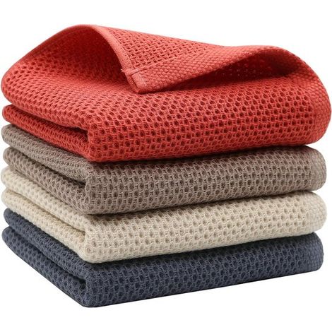 Lot de 4 torchons gaufrés – Coton – 33x33 cm – Absorbants et séchage rapide – Cuisine et vaisselle (1/5)