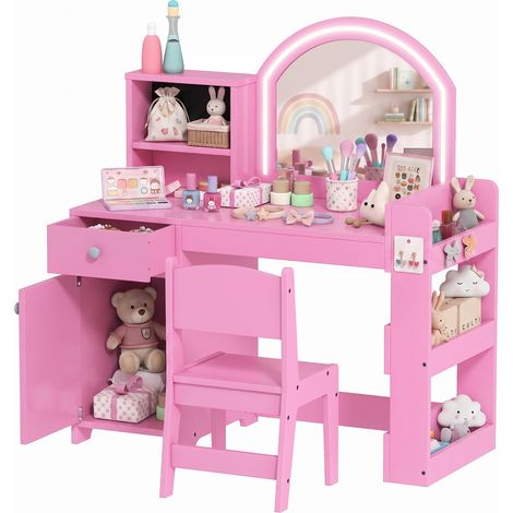 AIYAPLAY tocador de maquillaje niña, tocador infantil con taburete y espejo con luces led, 1 cajón, armario, 5 estantes, para niños 3 a 8 años, rosa (1/5)