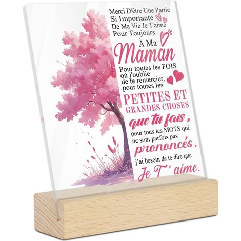 Plaque Acrylique Merci Maman Je T'Aime, Message Touchant, Arbre Rose, Décoration Cadeau Fête des Mères (Arbre rose) (1/5)