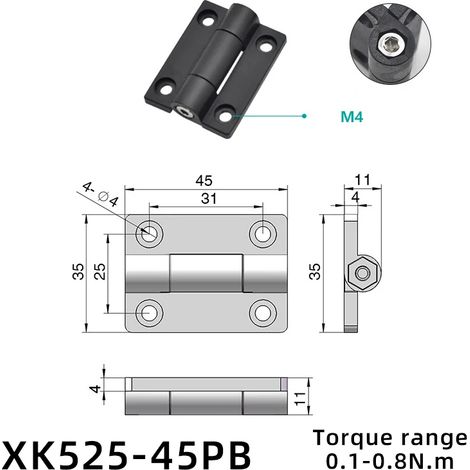 (XK525-45PB) 2 charnières à clapet pliantes en plastique et alliage de zinc avec amortisseur de torsion, butée de positionnement réglable et tampon de couple (1/5)