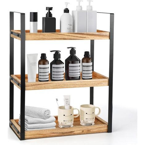 Étagère de salle de bain et cuisine à 3 niveaux, en bois résistant à l'humidité, marron avec structure métal, multifonctionnelle (1/5)