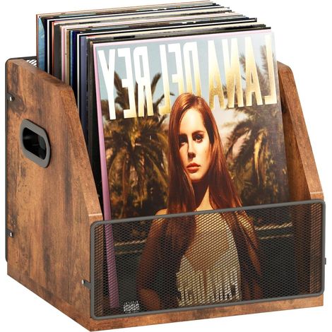 Caisse de rangement en métal et bois pour jusqu'à 60 disques vinyles - Portable - Usage intérieur - Rangement de musique - Marron rustique noir (1/5)
