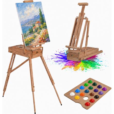 Relaxdays Easel, Standing & Tabletop Easel, 90° Tilting, Height-Adjustable, Foldable, Paint Box, Beechwood, natural (1/5)