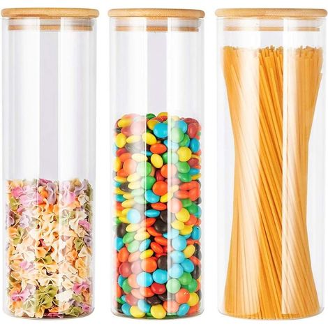 KAHEIGN 3 Pièces Bocaux De Stockage Avec Couvercles En Bambou à Anneau En Silicone, 1500ml x 2 / 2100ml Verre étanche à L'air Contenants De Céréales Alimentaires De Cuisine (1/5)
