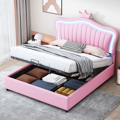 Cama 140 x 200 cm - cama con canapé para niño con somier y cabecero con corona - cuero - rosa (1/5)