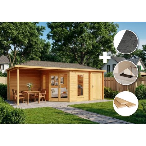 ECO Set - Abri de jardin pentagonal Liwa avec annexe imprégné Pinie Imprégné, 28 mm Épaisseur paroi 728 x 317 cm (1/4)