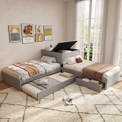 Letto angolare imbottito con letto estraibile 90x200 cm, 2 letti singoli con letto aggiuntivo e vano contenitore, rivestimento in lino moderno, grigio (1/5)