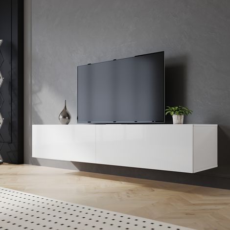 SIRHONA Meuble tv Blanc Espace de rangement Meuble tv suspendu Porte battante design sans poignée 160x40x30cm (1/5)