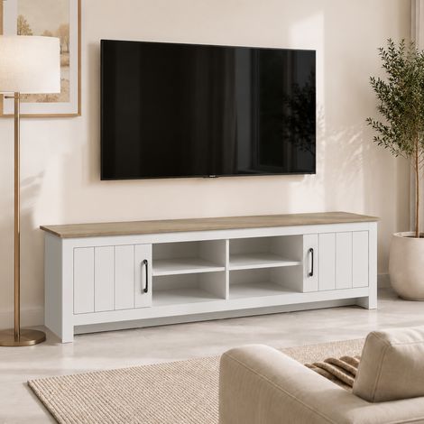 Meuble TV 175 cm, Meuble Télé pour Téléviseur jusqu'à 55 Pouces avec 2 Portes et 4 Compartiments Ouverts, Chêne et Blanc (1/5)