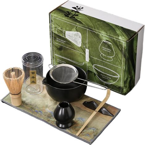 7-teiliges Matcha-Set, bestehend aus passender Schale, Bambusbesenhalter, Matcha-Schale, Teelöffel, Löffelhalter und Geschirrtuch, japanisches Teeservice, schwarz (1/5)
