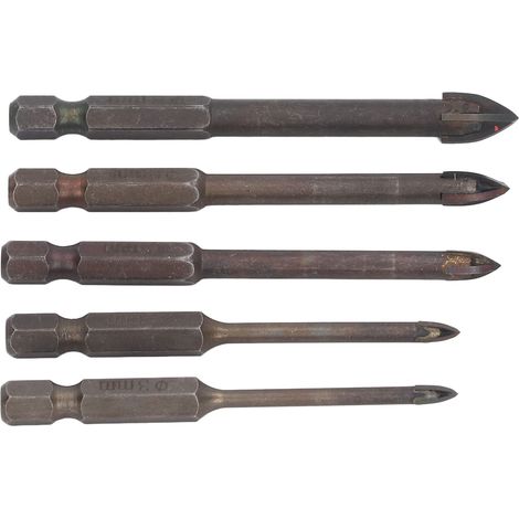 Ensemble de 5 forets hexagonaux en carbure cémenté à motif croisé unique pour verre, céramique, carrelage, brique, mur et bois. (1/5)