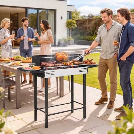 Barbecue charbon de bois BBQ avec grille de gril à 3 niveaux et étagères latérales pliables, 118 x 32 x 90 cm, noir (1/5)